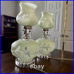 Pair of Vintage Pale Green Frosted Glass Hurricane Boudoir Accent Table Lamps