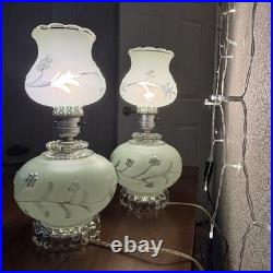 Pair of Vintage Pale Green Frosted Glass Hurricane Boudoir Accent Table Lamps