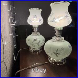 Pair of Vintage Pale Green Frosted Glass Hurricane Boudoir Accent Table Lamps