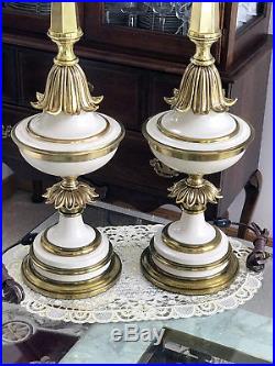 Pair of Vintage Stiffel Modified Table Lamps -Brass Milk Glass Hollywood Regency