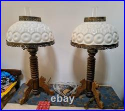 Pair of Vintage Table Lamps Milk Glass Moon & Stars Wood Turned Base Metal Trim