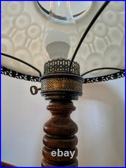 Pair of Vintage Table Lamps Milk Glass Moon & Stars Wood Turned Base Metal Trim