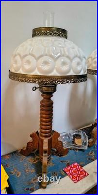 Pair of Vintage Table Lamps Milk Glass Moon & Stars Wood Turned Base Metal Trim