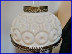 Pair of Vintage Table Lamps Milk Glass Moon & Stars Wood Turned Base Metal Trim