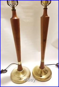 Pair of Vintage mid century Atomic Modern teak and brass lamps