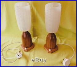 Pair of vintage mid century Danish Teak bedside table bottle lamps with shades