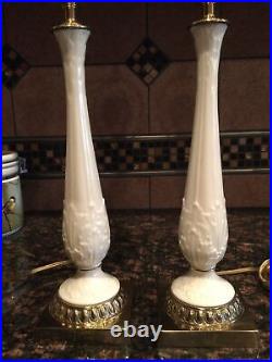 Pair vintage LENOX Brass/ Ivory Table Lamps with Shades23 tallBedroom Lamps