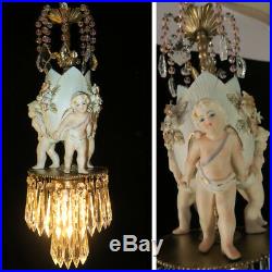 Porcelain chandelier Pink beads ROSE Brass nude Cherub SWAG lamp vintage crystal