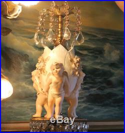 Porcelain chandelier Pink beads ROSE Brass nude Cherub SWAG lamp vintage crystal