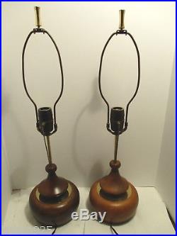 Pr Modeline Lamps Teak Wood Danish Modern Vintage Mid Century Table Lamp 2