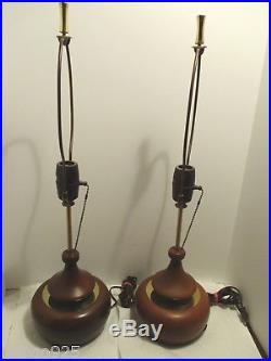 Pr Modeline Lamps Teak Wood Danish Modern Vintage Mid Century Table Lamp 2