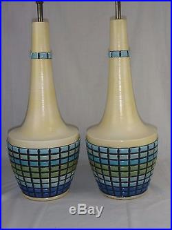 Pr Vtg Mid Century Plaster Fortune Table Lamps Blue Green Turquoise Mosaic 1960