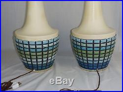 Pr Vtg Mid Century Plaster Fortune Table Lamps Blue Green Turquoise Mosaic 1960