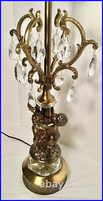 RARE Vtg Mid Century HOLLYWOOD REGENCY Cherub Design Table Lamp Crystals 34 1/2