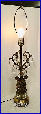 RARE Vtg Mid Century HOLLYWOOD REGENCY Cherub Design Table Lamp Crystals 34 1/2