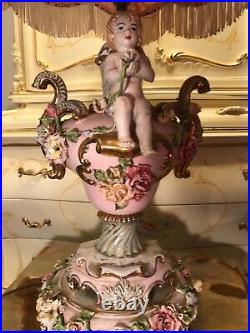 Rare Antique CAPODIMONTE ITALIAN Porcelain table Lamp Angels Cherubs