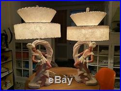 Rare Set Of Vintage Chalkware Lamp Mid Century Ceramic Retro 50s Moss Elf Large
