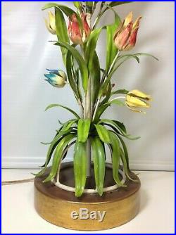 Rare TALL Vintage 1960 MARBRO FLORAL Toleware Art Table LAMP Works Tulips Italy