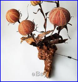 Rare VTG Curtis Jere Urchin Brutalist Wood Copper Flowers Lamp 5-Light Sculpture