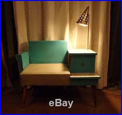 Rare Vintage 1950's Atomic Aquamarine Gossip Phone Chair Bench Table With Lamp