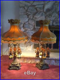 Rare Vintage Victorian Style Pair Brass Table Lamps & Swags H 44