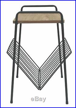 Retro Black Metal Lamp Side Coffee End Table With Wood Top Magazine Rack Table