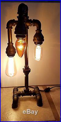 Retro Industrial Pipe Three Tier Lamp steampunk style with vintage bulb