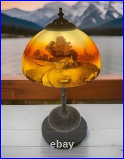 Reverse Painted 19.5 Table Lamp With Metal Base And Pull Chain Socket