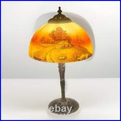 Reverse Painted 19.5 Table Lamp With Metal Base And Pull Chain Socket