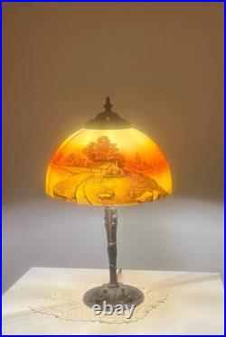 Reverse Painted 19.5 Table Lamp With Metal Base And Pull Chain Socket