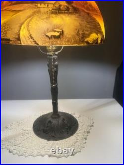 Reverse Painted 19.5 Table Lamp With Metal Base And Pull Chain Socket
