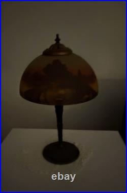 Reverse Painted 19.5 Table Lamp With Metal Base And Pull Chain Socket