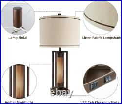Rustic Table Lamps for Living Room Set of 2 with USB C+A Ports, Farmhouse Vintag