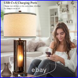 Rustic Table Lamps for Living Room Set of 2 with USB C+A Ports, Farmhouse Vintag