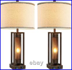 Rustic Table Lamps for Living Room Set of 2 with USB C+A Ports, Farmhouse Vintag