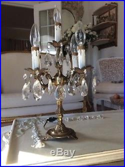 SHABBY Vtg ANTIQUE Candelabra prism Lamp Table Chandelier French Italian