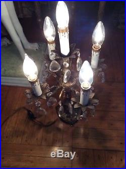 SHABBY Vtg ANTIQUE Candelabra prism Lamp Table Chandelier French Italian