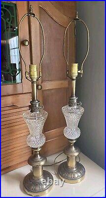 Set Of 2 Vintage Hollywood Regency Glass Table Lamps Brass Base 31 Tall