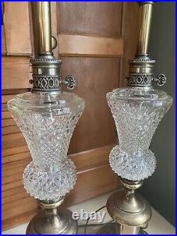 Set Of 2 Vintage Hollywood Regency Glass Table Lamps Brass Base 31 Tall