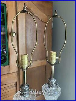 Set Of 2 Vintage Hollywood Regency Glass Table Lamps Brass Base 31 Tall