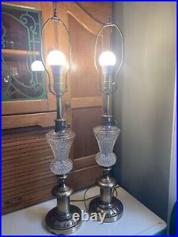 Set Of 2 Vintage Hollywood Regency Glass Table Lamps Brass Base 31 Tall