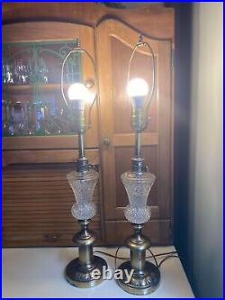 Set Of 2 Vintage Hollywood Regency Glass Table Lamps Brass Base 31 Tall