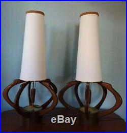 Set Pair 2 Vtg Modeline Tall Table Lamps Mid Century Modern MCM Brass Wood 32.5