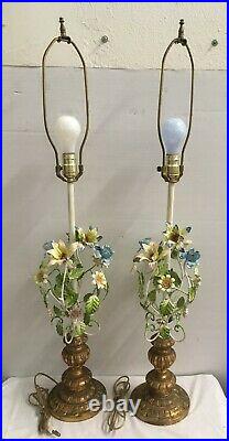Set of 2 Vintage Italian Tole Metal Floral Table Lamp Painted Flowers both work