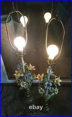 Set of 2 Vintage Italian Tole Metal Floral Table Lamp Painted Flowers both work
