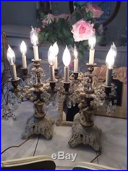 Shabby Antique Vtg Pair Table Chandeliers Candelabra Lamps Crystal Prisms cherub