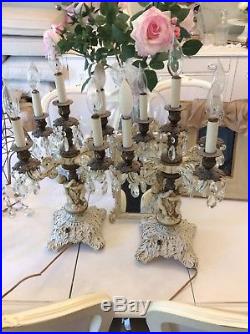 Shabby Antique Vtg Pair Table Chandeliers Candelabra Lamps Crystal Prisms cherub