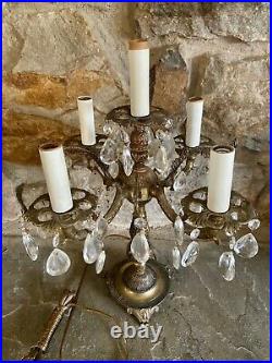 Shabby Antique Vtg Table Chandelier Candelabra Crystal Prism Lamp French Style