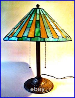 Signed Antique Arts Crafts Handel Era Stain Leaded Vintage Glass Lamp, 1910