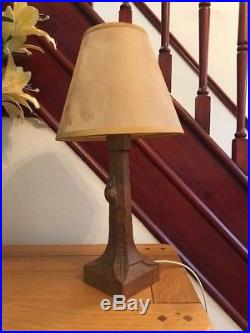 Solid Carved Oak 1950s Vintage Robert Thompson Mouseman table lamp + New Shade